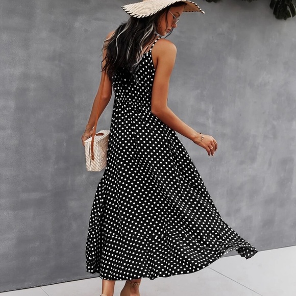 Button up v neck tie polka dot midi dress - Picture 14 of 16